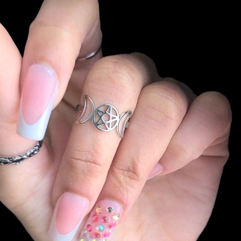 Silver Pentagram Triple Moon Ring - Stainless Steel