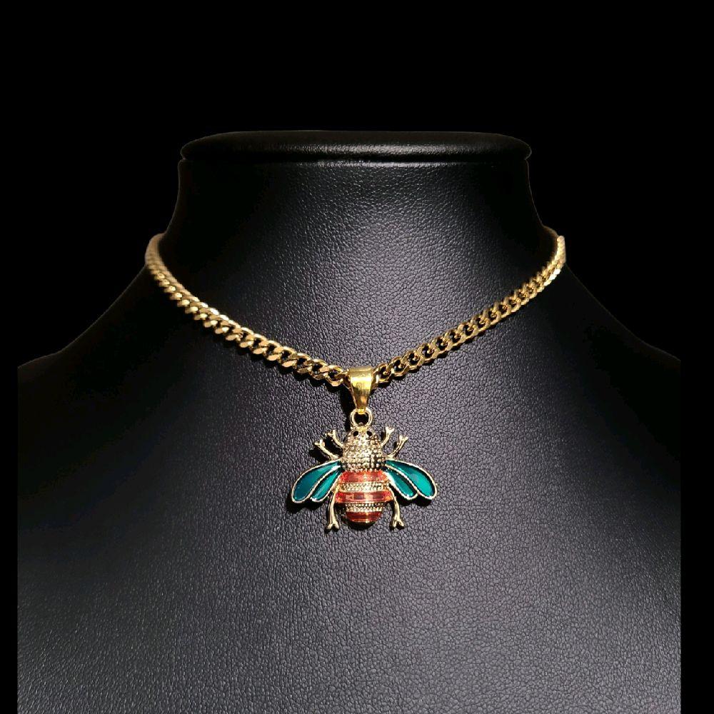 Gold Enamel Bee Pendant Choker Necklace