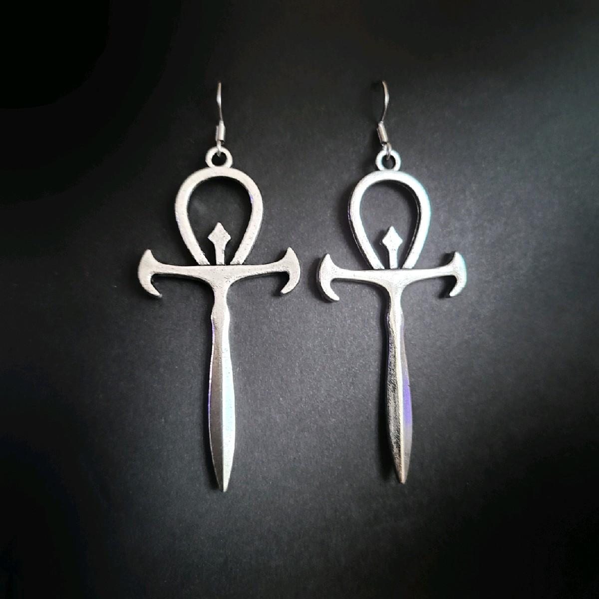 Silver Gothic Ankh Earrings