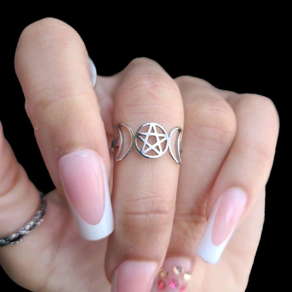 Silver Pentagram Triple Moon Ring - Stainless Steel