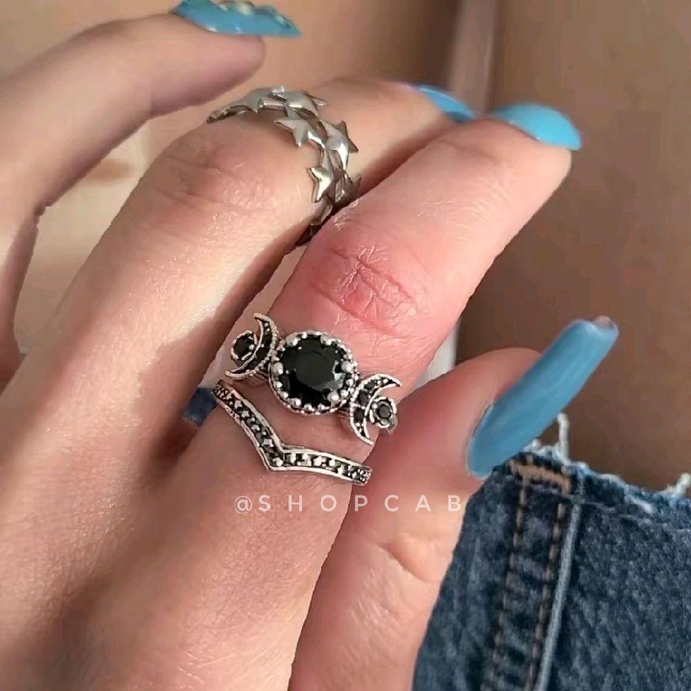 Celestial Black Silver Crystal Moon Ring Set