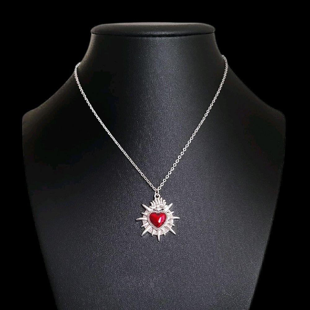 Gothic Silver Red Sacred Heart Necklace