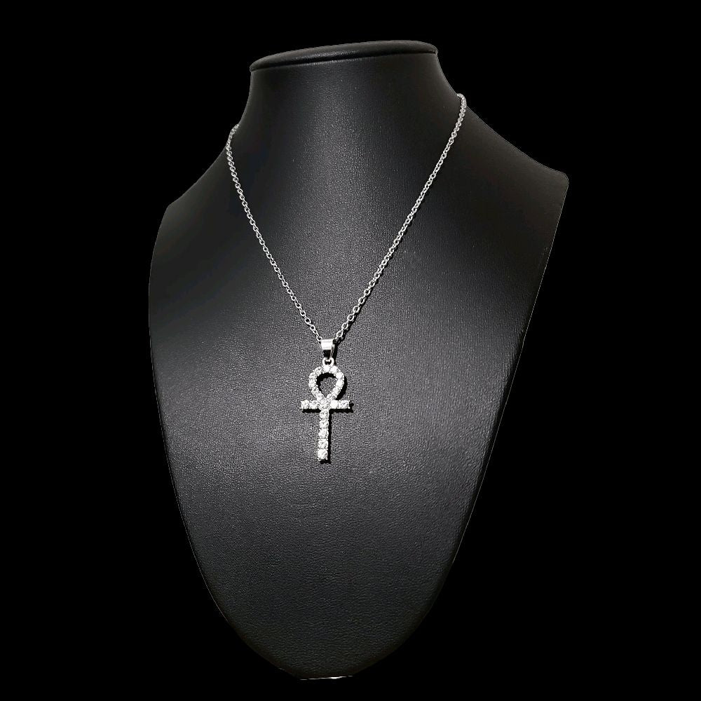 Crystal Ankh Pendant Necklace - Sparkly Silver