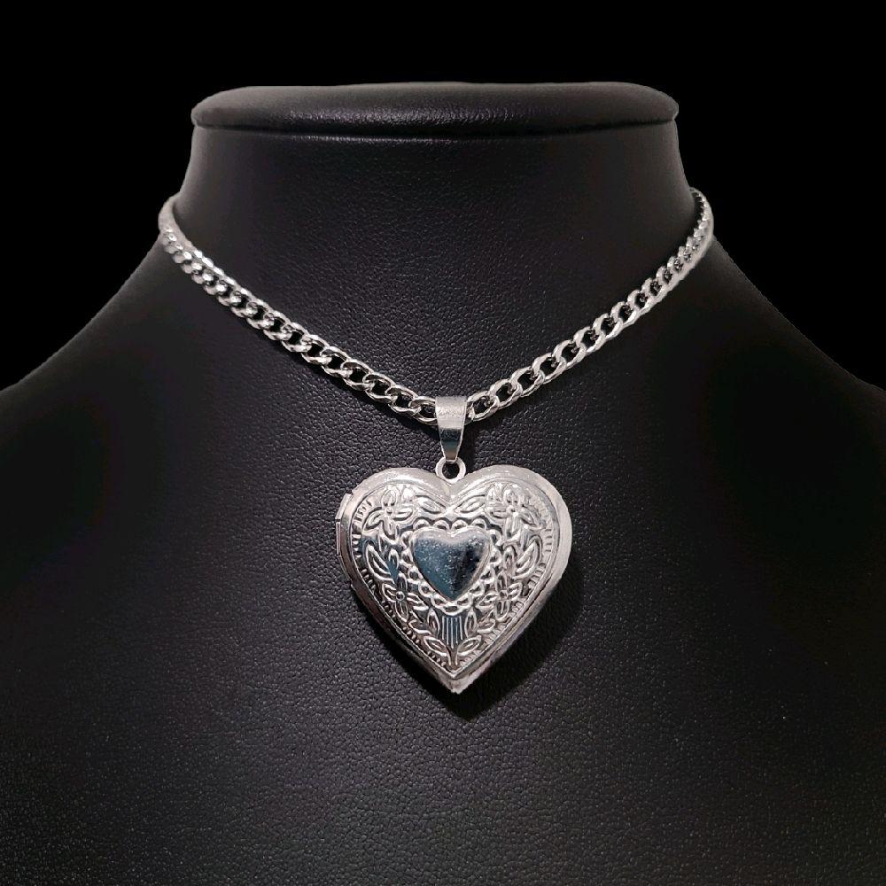 Silver Heart Lockett Pendant Choker Necklace - Stainless Steel