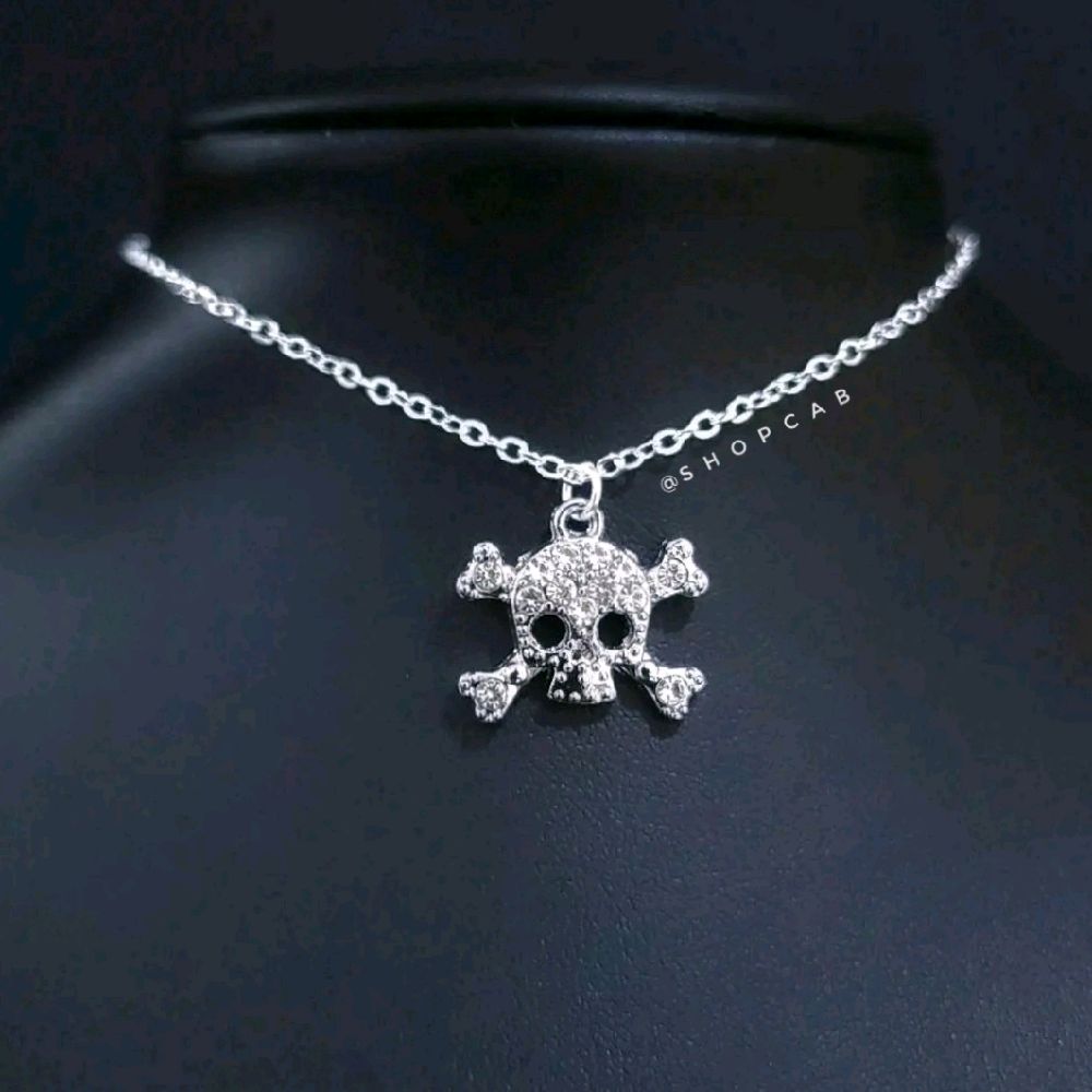 Silver Crystal Skull & Bone Choker