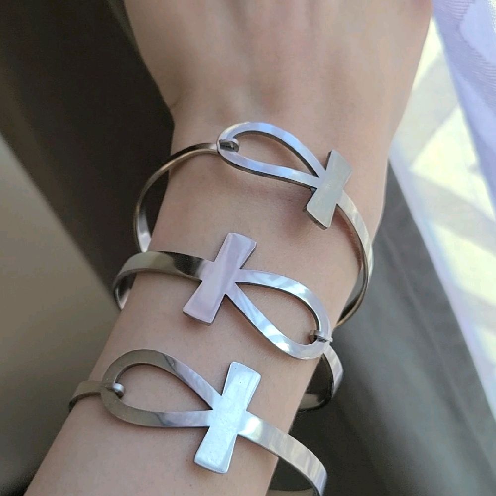 Silver Ankh Bangle Bracelet -Stainless Steel