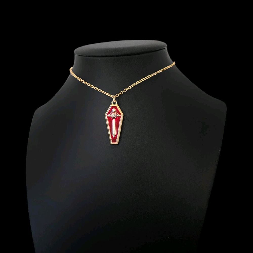 Red Gold Coffin Cross Pendant Necklace