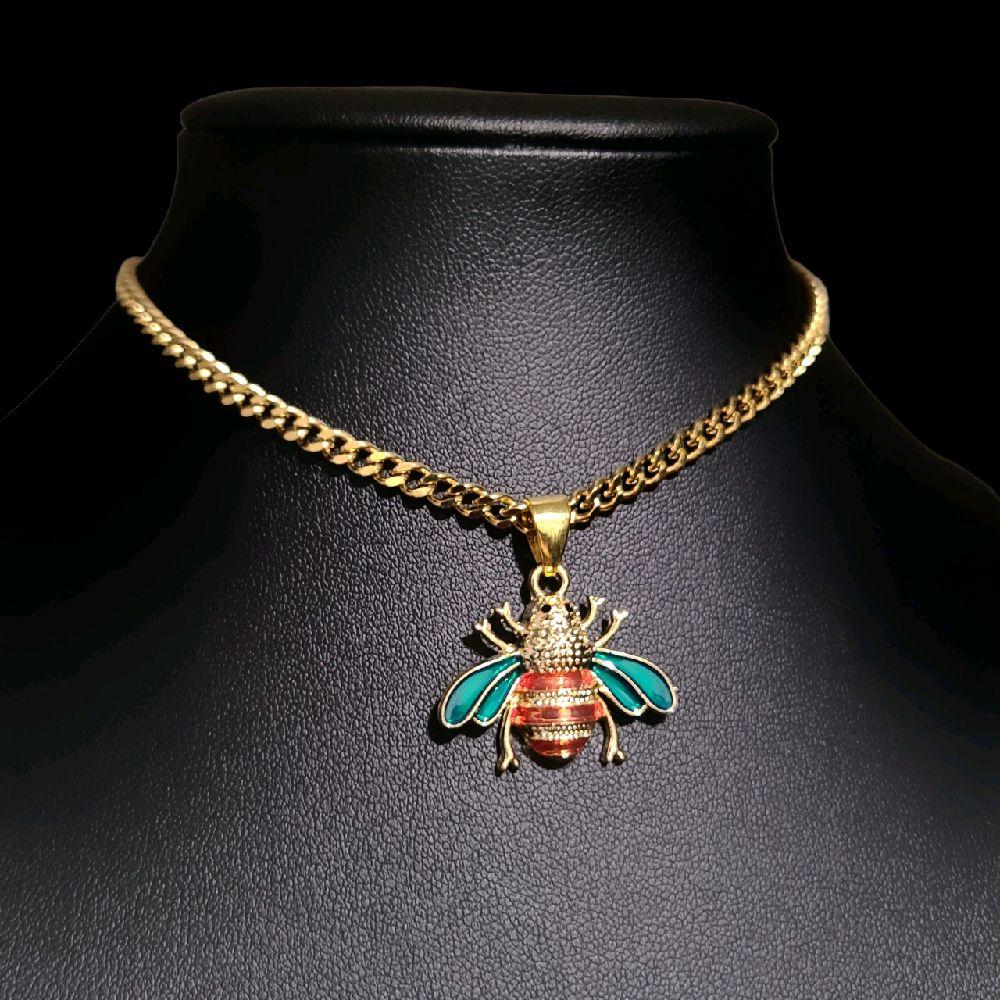 Gold Enamel Bee Pendant Choker Necklace