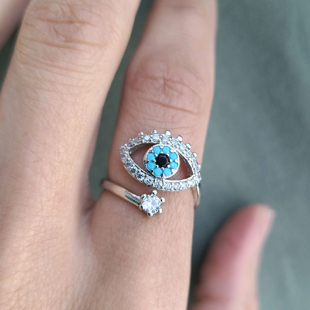 Silver Crystal Evil Eye Ring - Adjustable Size