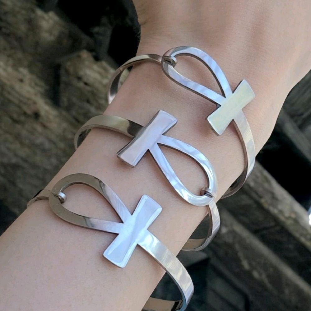 Silver Ankh Bangle Bracelet -Stainless Steel