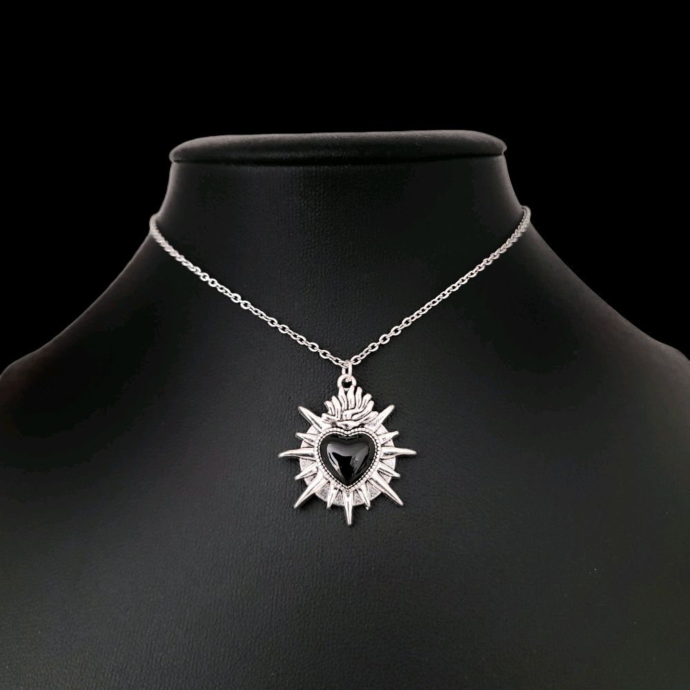 Silver Black Sacred Heart Pendant Necklace