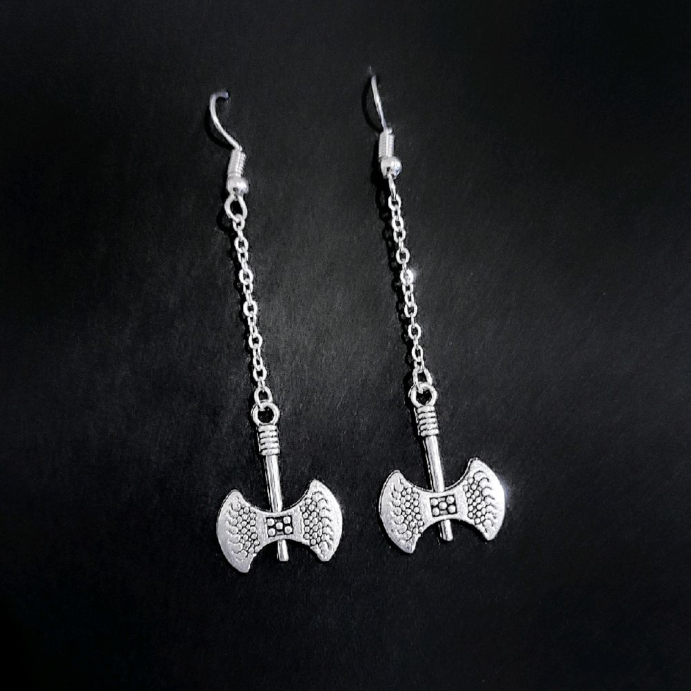 Medieval Battle Ax Chain Drop Earrings - Silver
