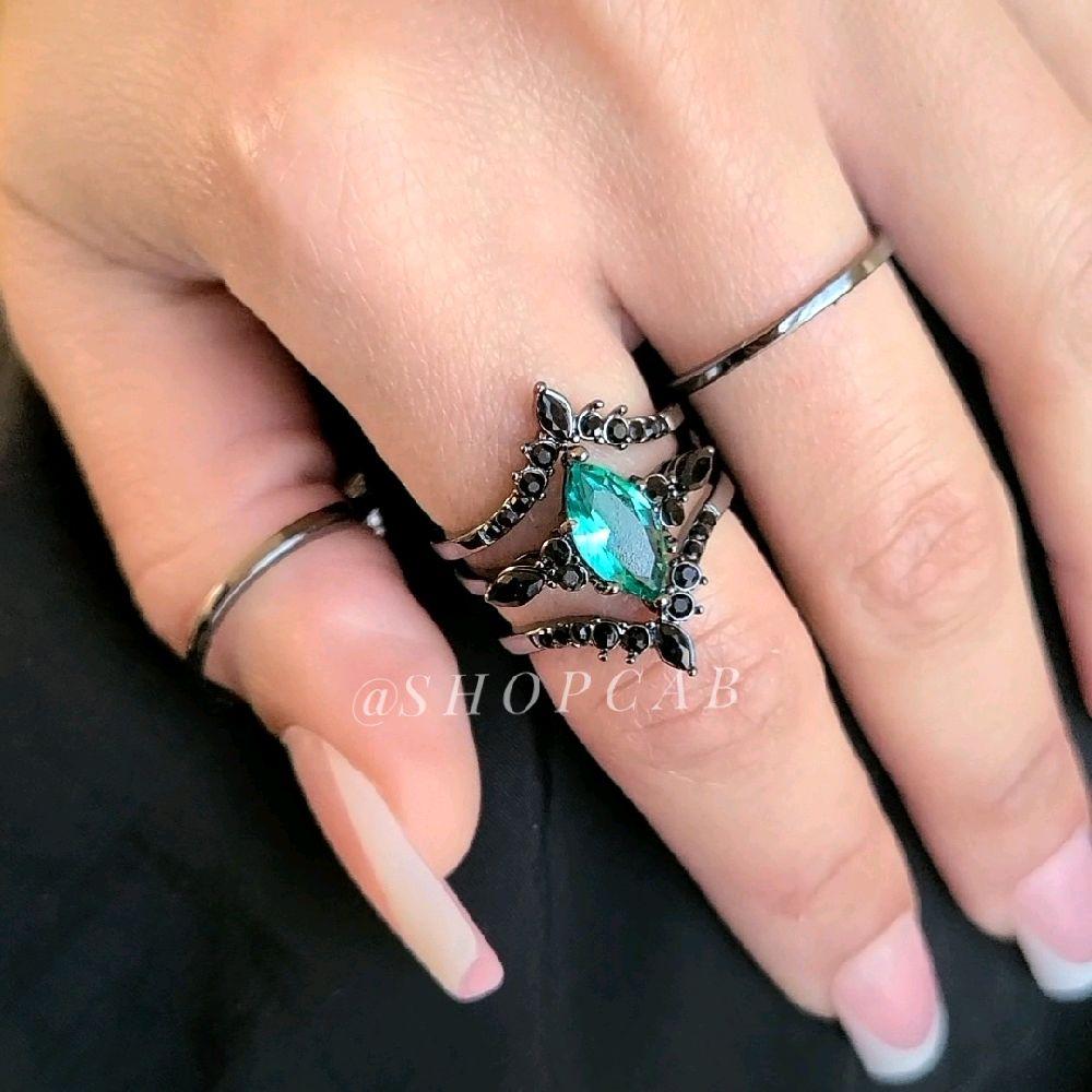 Teal Gothic Marquise Ring Stack Set - Gunmetal (3 Piece Set)