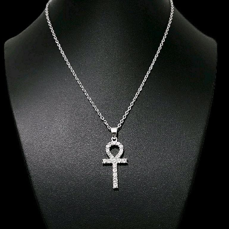 Crystal Ankh Pendant Necklace - Sparkly Silver