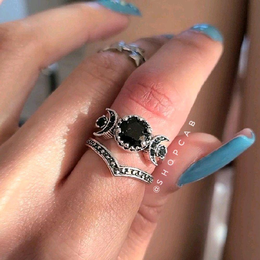 Celestial Black Silver Crystal Moon Ring Set