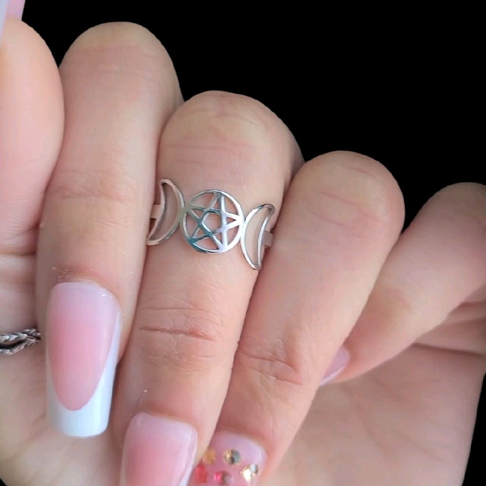 Silver Pentagram Triple Moon Ring - Stainless Steel