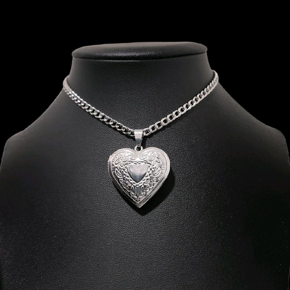 Silver Heart Lockett Pendant Choker Necklace - Stainless Steel