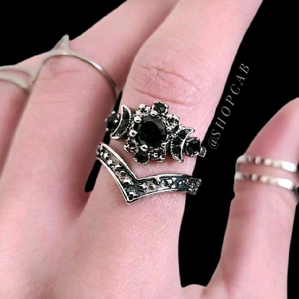 Black Crystal Triple Moon Ring Stack Set