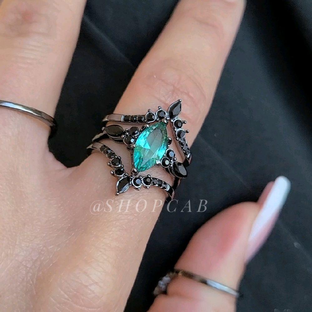 Teal Gothic Marquise Ring Stack Set - Gunmetal (3 Piece Set)