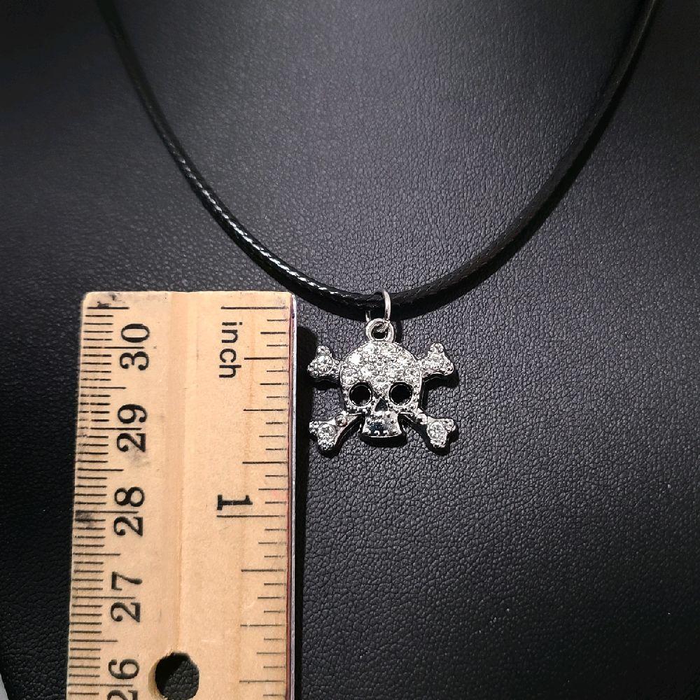 16" Crystal Skull Necklace - Black Cord (Rhinestone Gothic Jewelry)