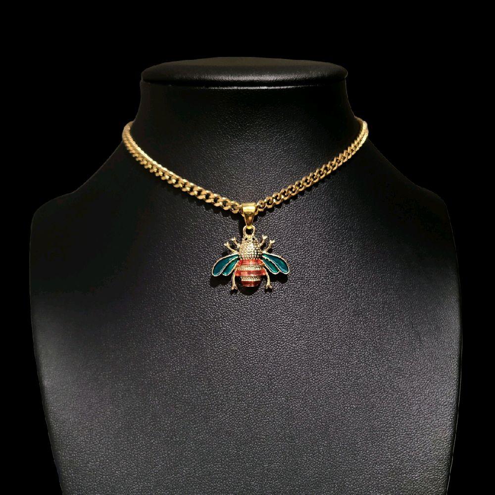 Gold Enamel Bee Pendant Choker Necklace