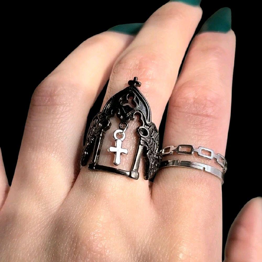 Black Silver Cross Charm Cathedral Ring