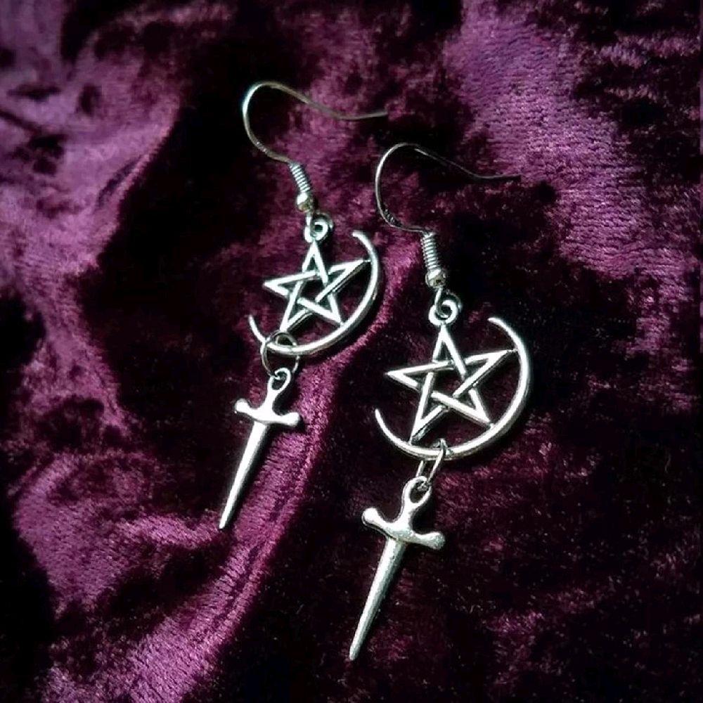Silver Crescent Moon Star Dagger Earrings