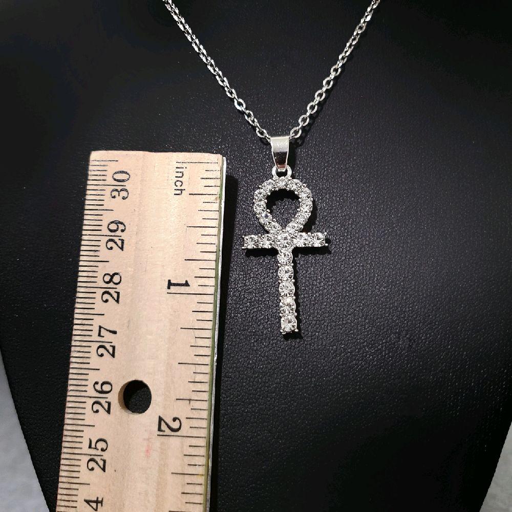 Crystal Ankh Pendant Necklace - Sparkly Silver