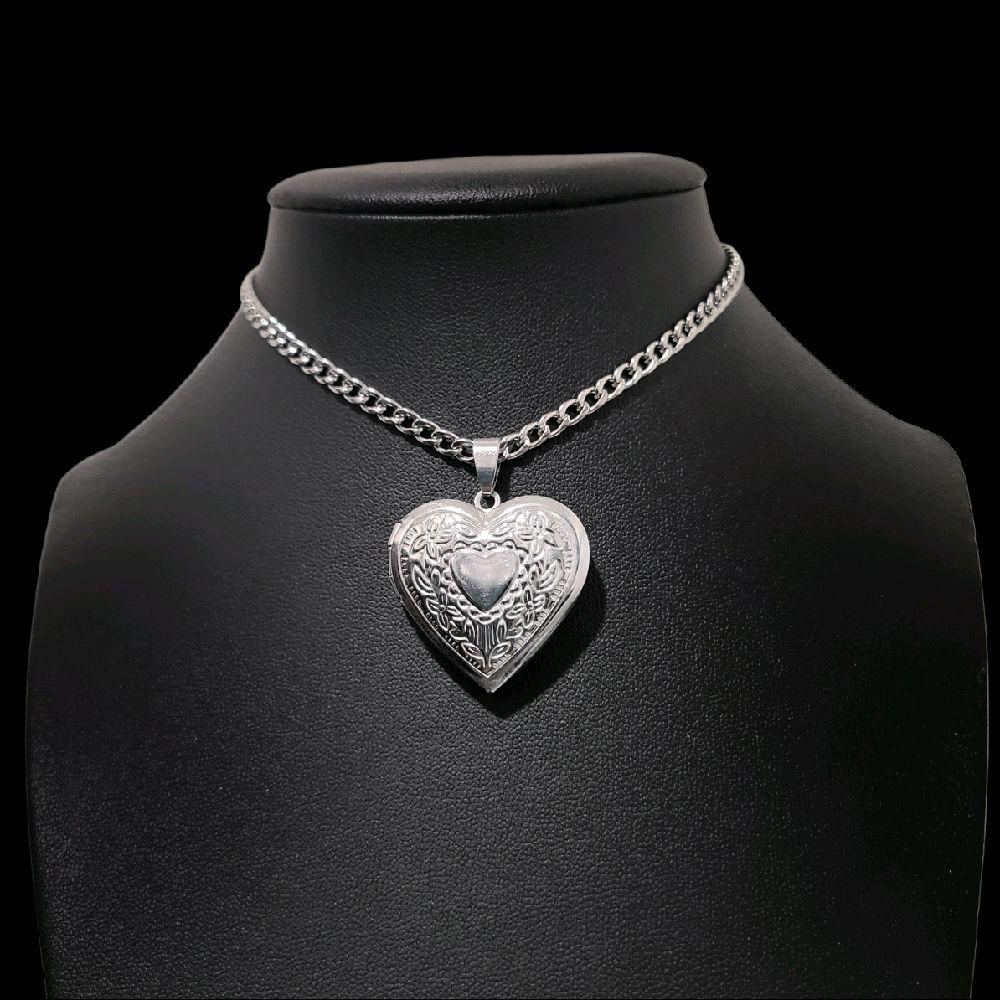 Silver Heart Lockett Pendant Choker Necklace - Stainless Steel