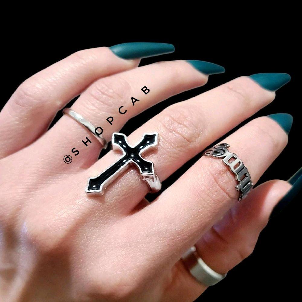 Black & Silver Cross Ring - Adjustable Size