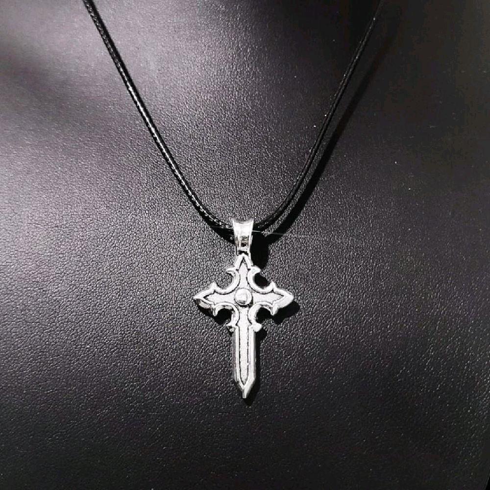 16" Silver Cross Pendant Necklace - Black Cord