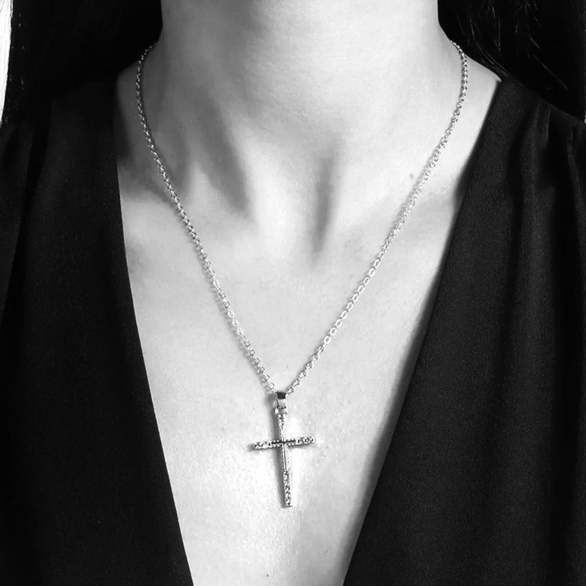 16" Silver Crystal Cross Pendant Necklace