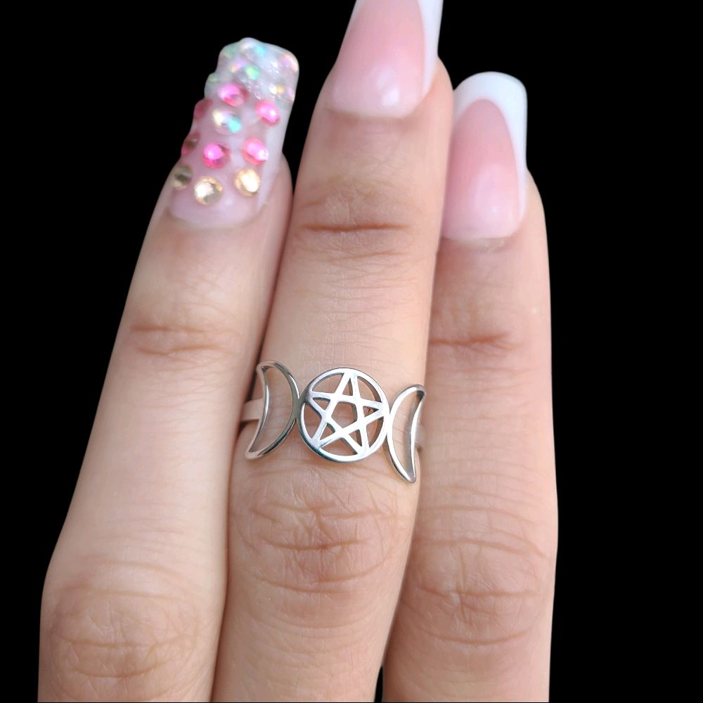 Silver Pentagram Triple Moon Ring - Stainless Steel