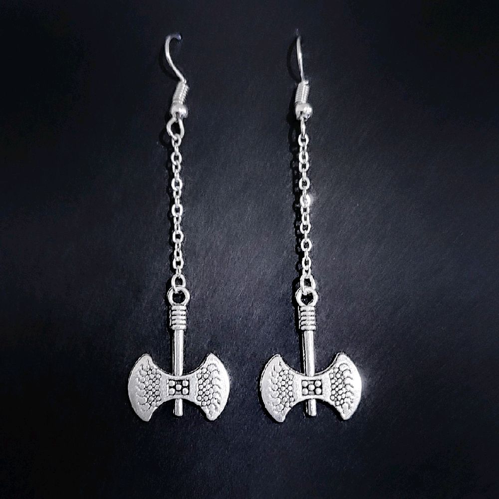 Medieval Battle Ax Chain Drop Earrings - Silver