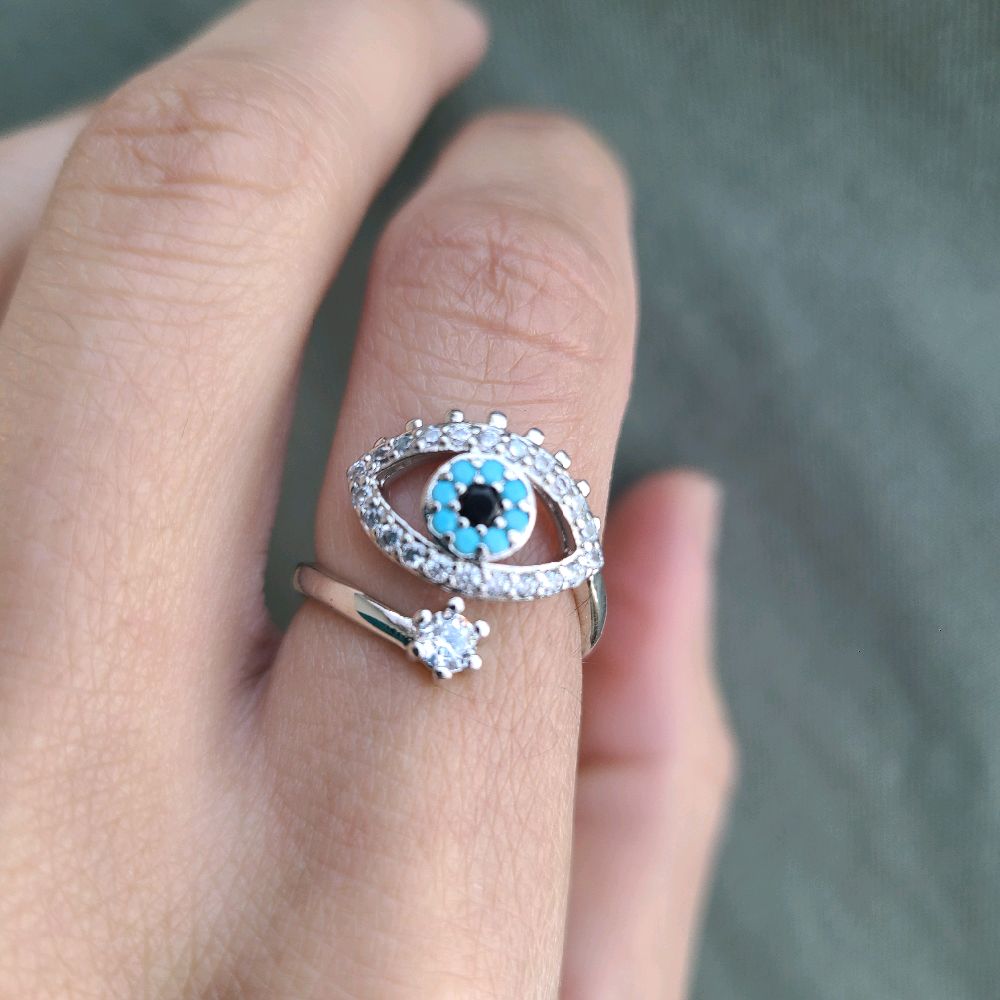 Silver Crystal Evil Eye Ring - Adjustable Size