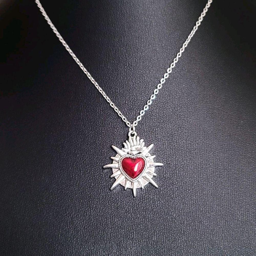 Gothic Silver Red Sacred Heart Necklace