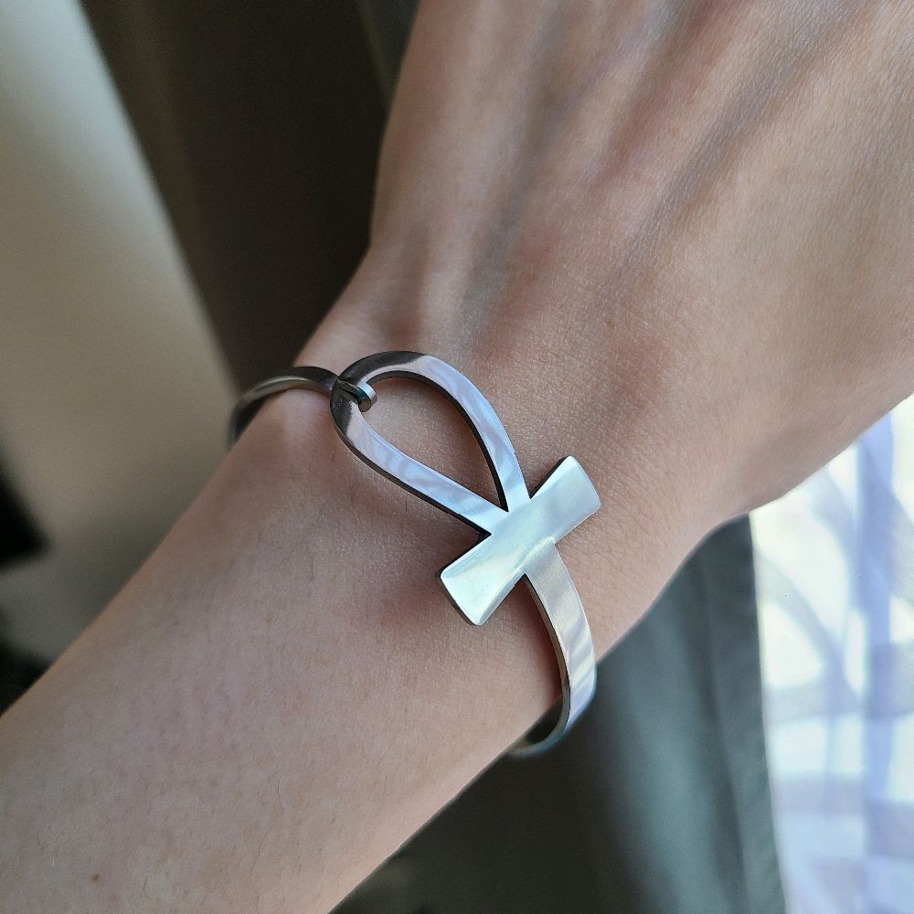 Silver Ankh Bangle Bracelet -Stainless Steel