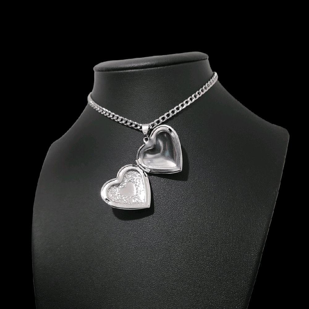 Silver Heart Lockett Pendant Choker Necklace - Stainless Steel