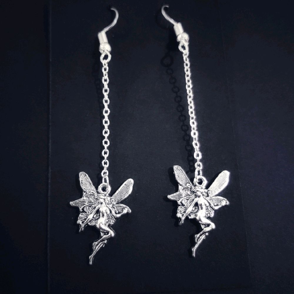 Silver Fairy Chain Dangle Drop Earrings - New