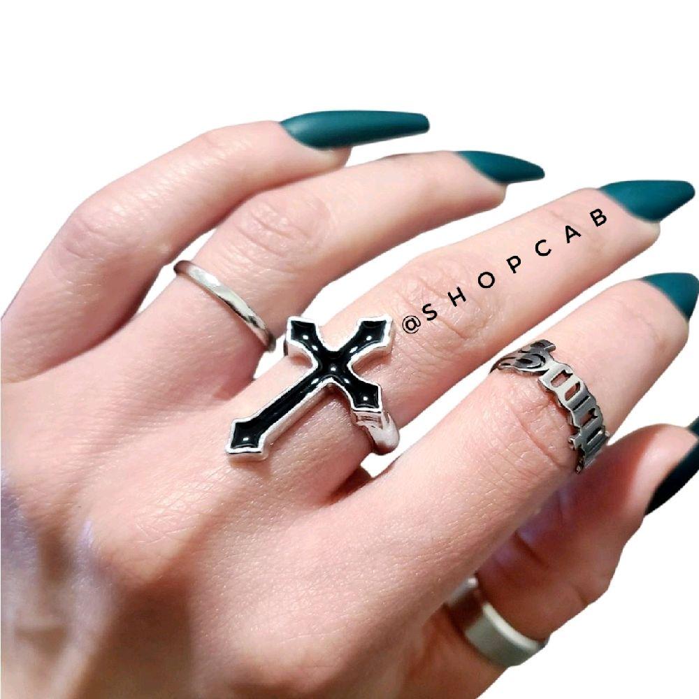 Black & Silver Cross Ring - Adjustable Size