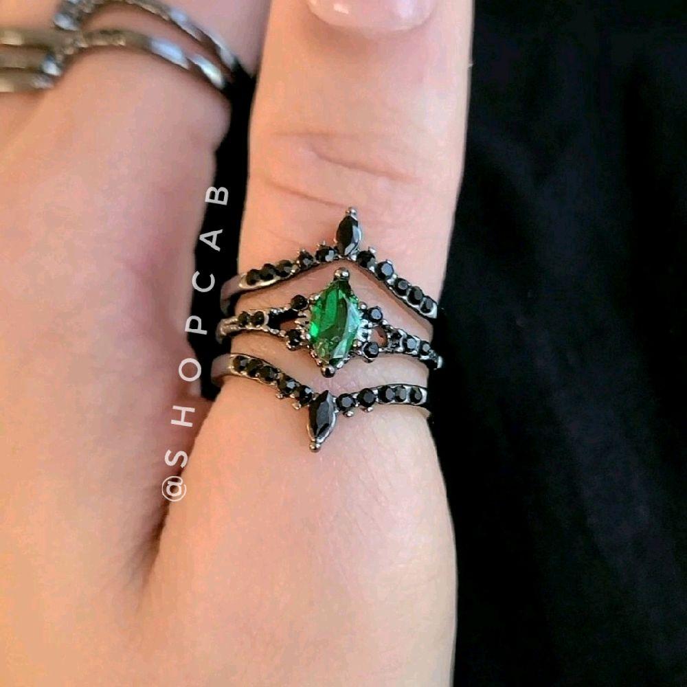 Green Marquise Gunmetal Ring Stack - 3 Piece Set