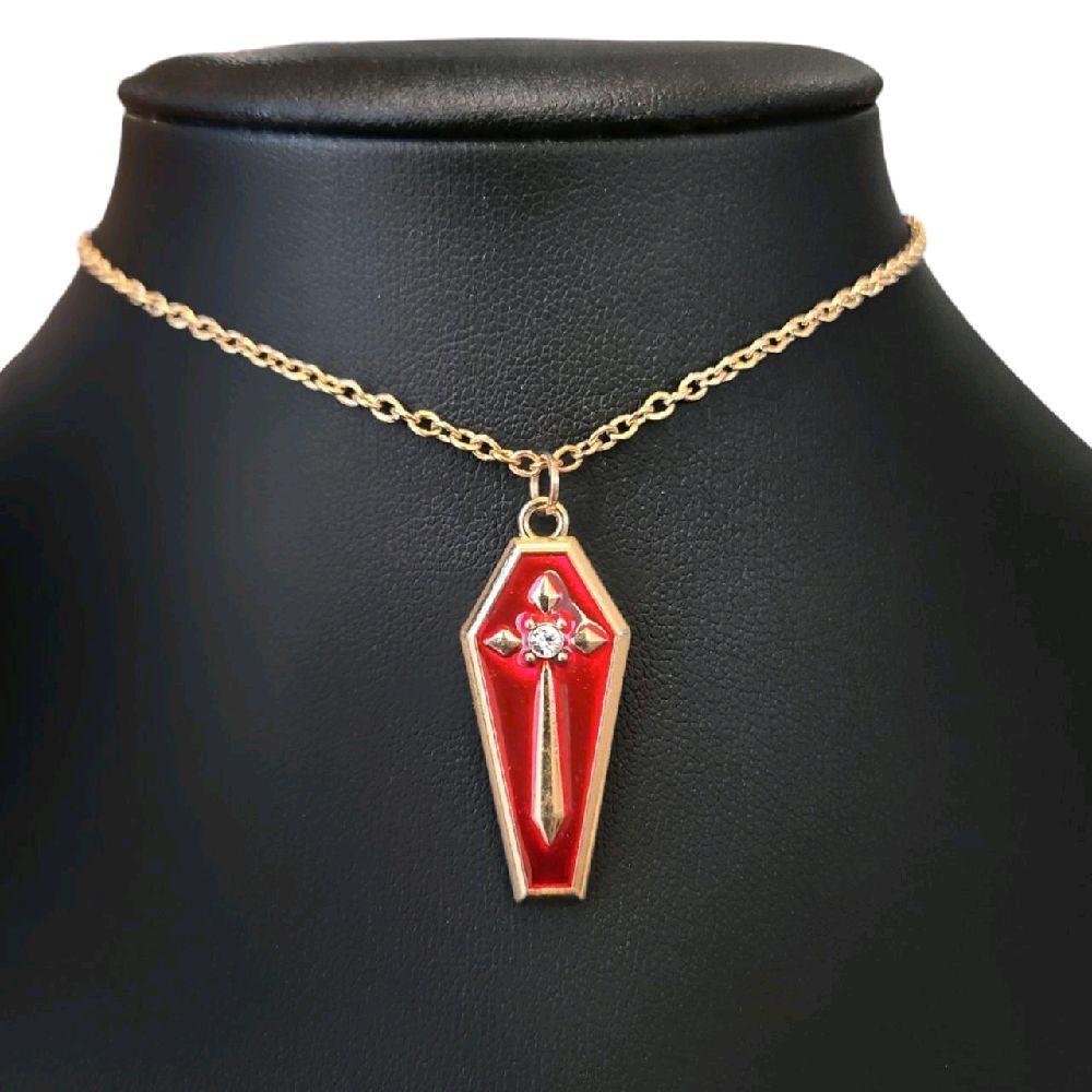 Red Gold Coffin Cross Pendant Necklace