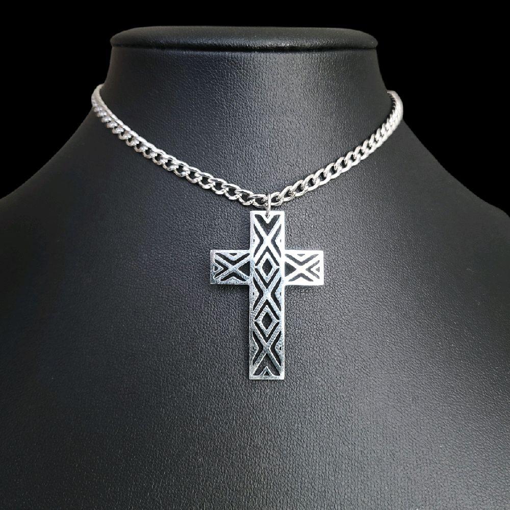 Silver Gothic Cross Choker Necklace - Stainless Steel Geometric Design