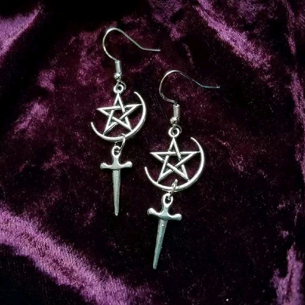 Silver Crescent Moon Star Dagger Earrings