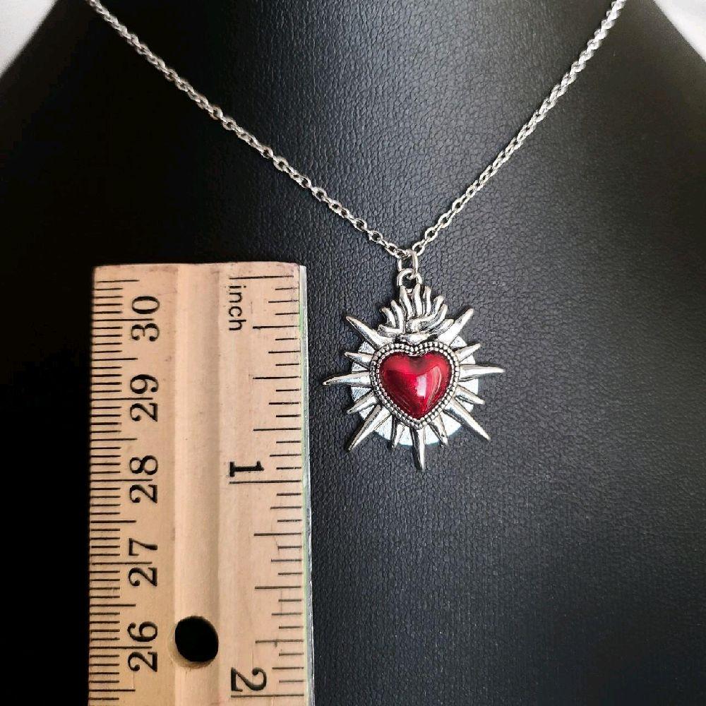 Gothic Silver Red Sacred Heart Necklace