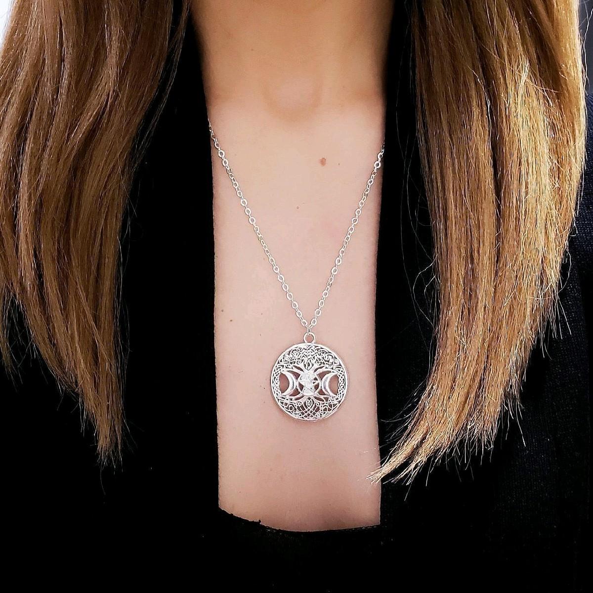 18" Silver Triple Moon Pentagram Necklace