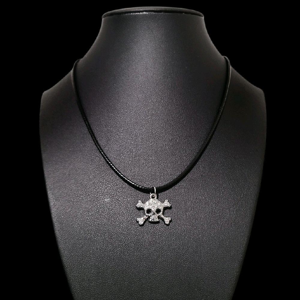 16" Crystal Skull Necklace - Black Cord (Rhinestone Gothic Jewelry)