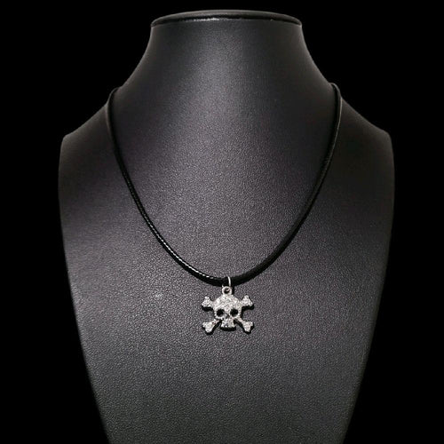 16" Crystal Skull Necklace - Black Cord (Rhinestone Gothic Jewelry)