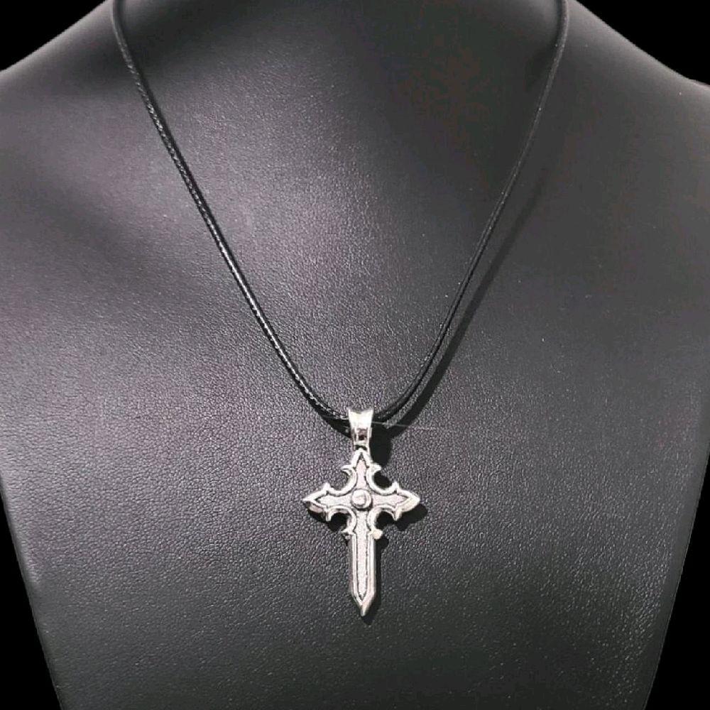 16" Silver Cross Pendant Necklace - Black Cord