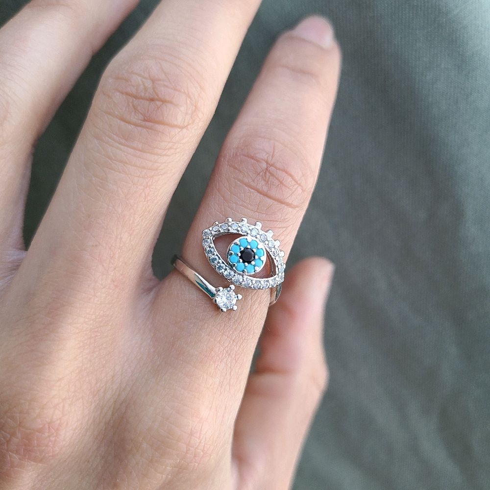 Silver Crystal Evil Eye Ring - Adjustable Size